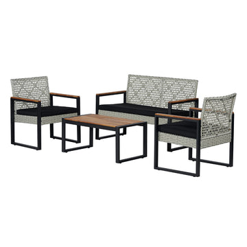 Wilder 4-Piece Modern Coastal Faux Wicker Conversation Outdoor Patio Set - JONATHAN Y